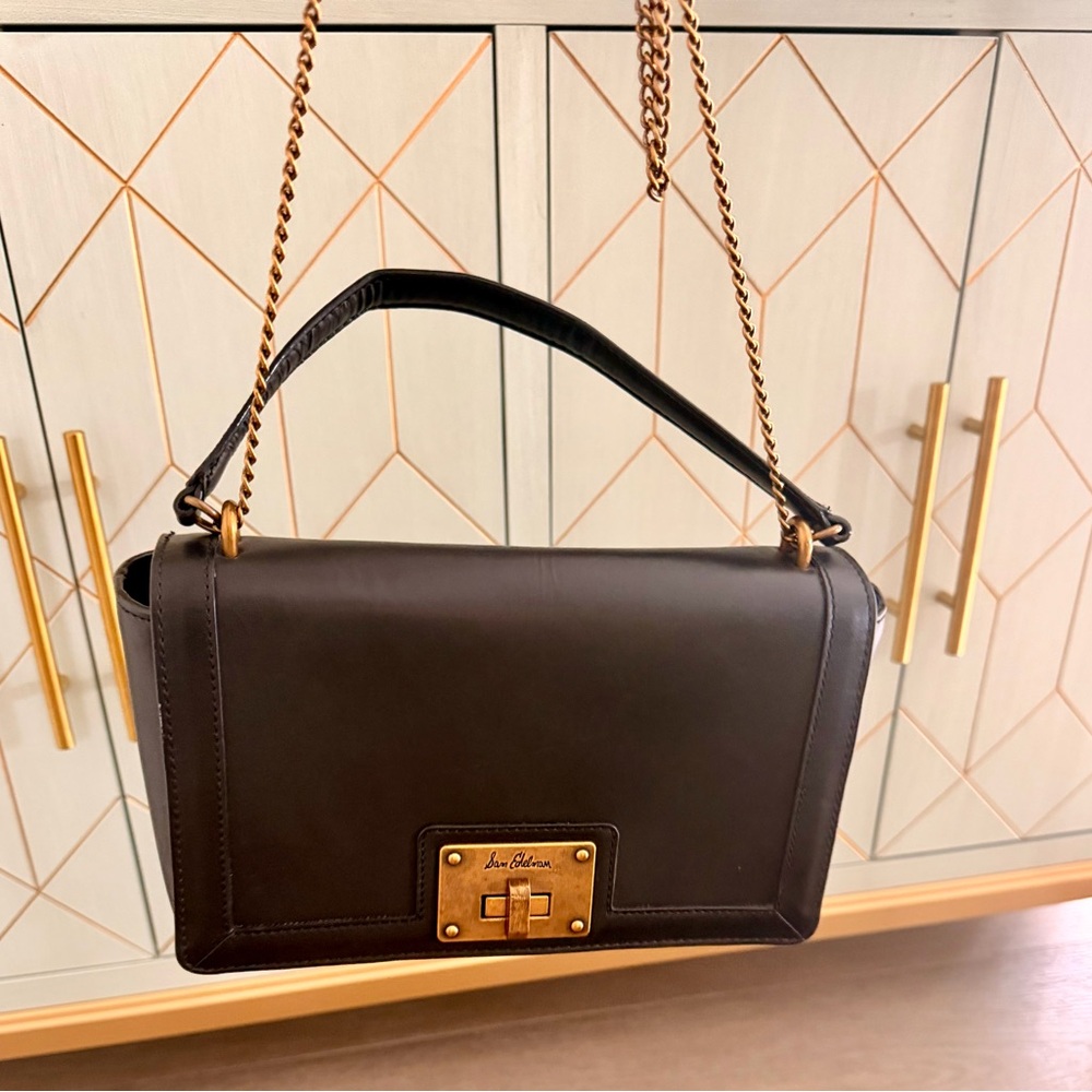 Sam Edelman Black Leather Shoulder Bag with Gold Chain